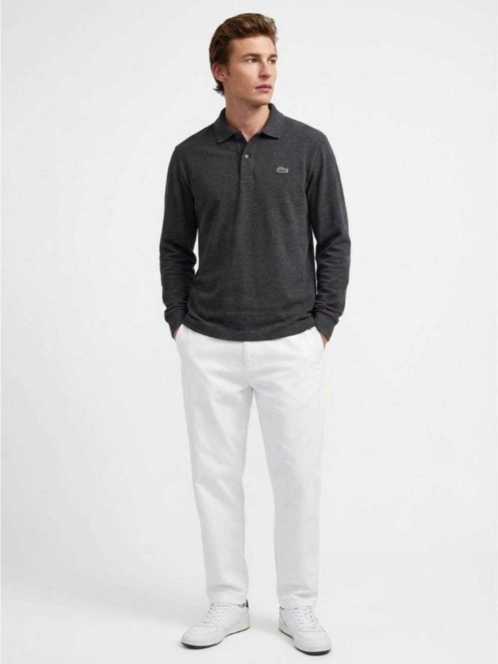 Lacoste Dark Grey Long Sleeve Cotton Polo Shirt Embroidered Crocodile Logo XL - Picture 2 of 8